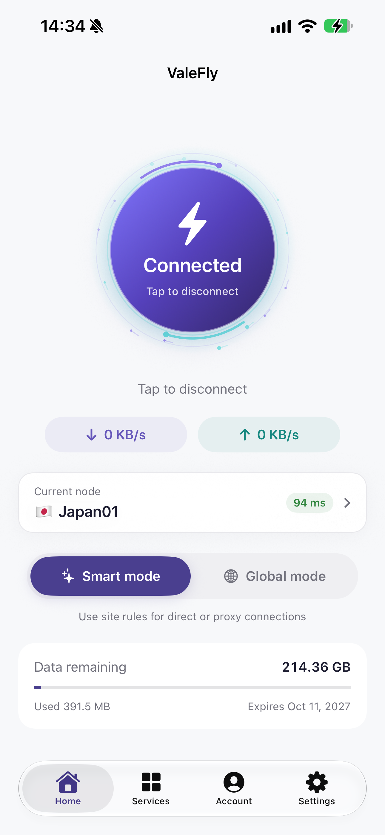 ValeFly app preview with connection control, selected node and routing mode