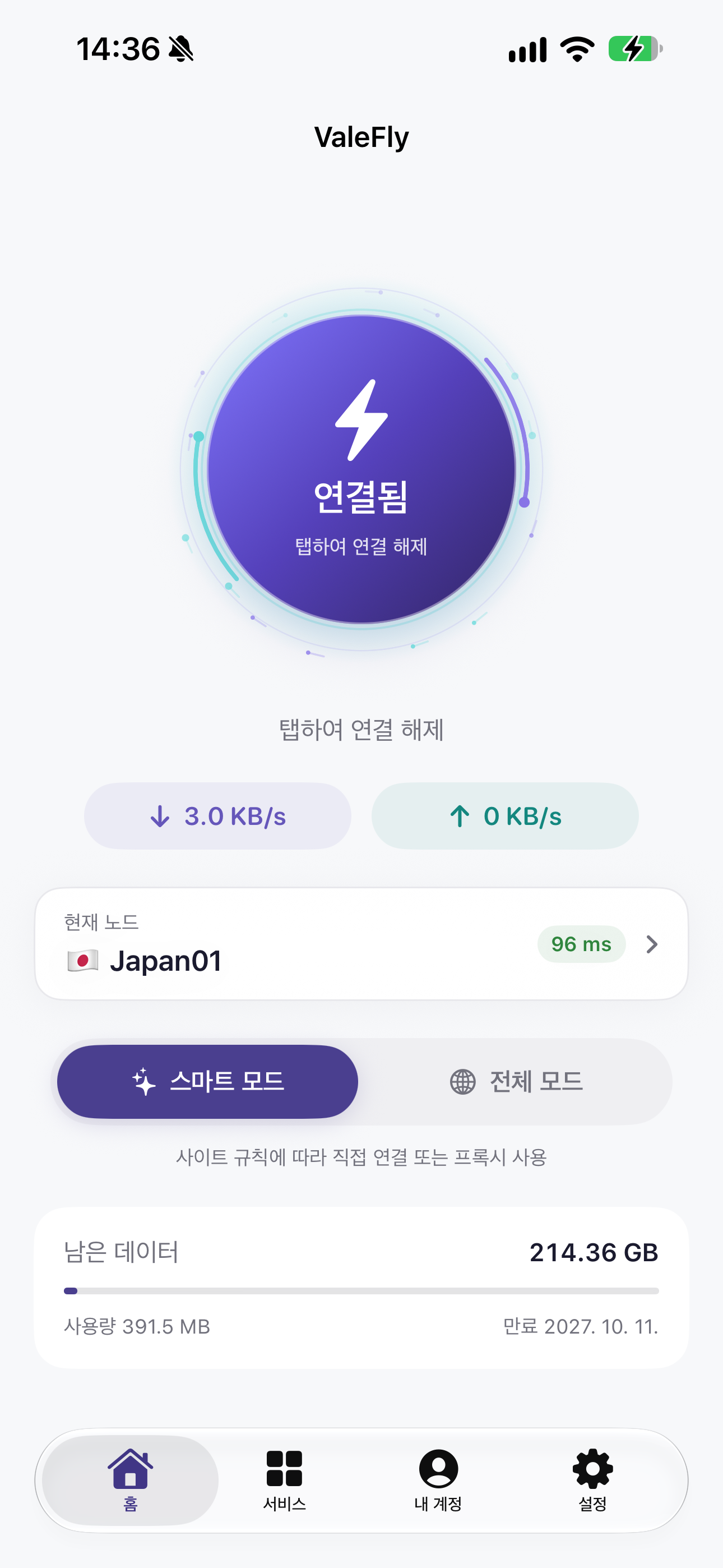 연결 버튼, 선택한 노드, 라우팅 모드가 표시된 ValeFly 앱 미리보기